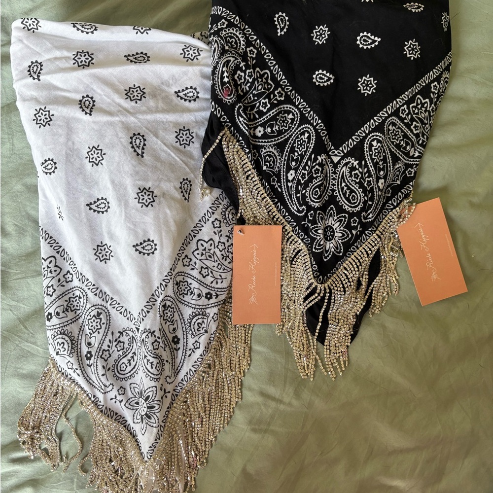 Black and White Paisley Bandanas with Rhinestone Fringed Edges